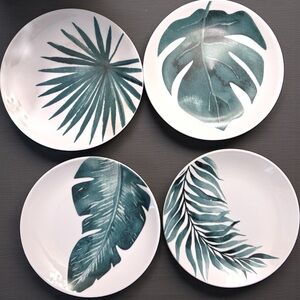 Trueliving Tropical Leaf Ceramic Plate Set 4pc Boho Palm Monstera NWT